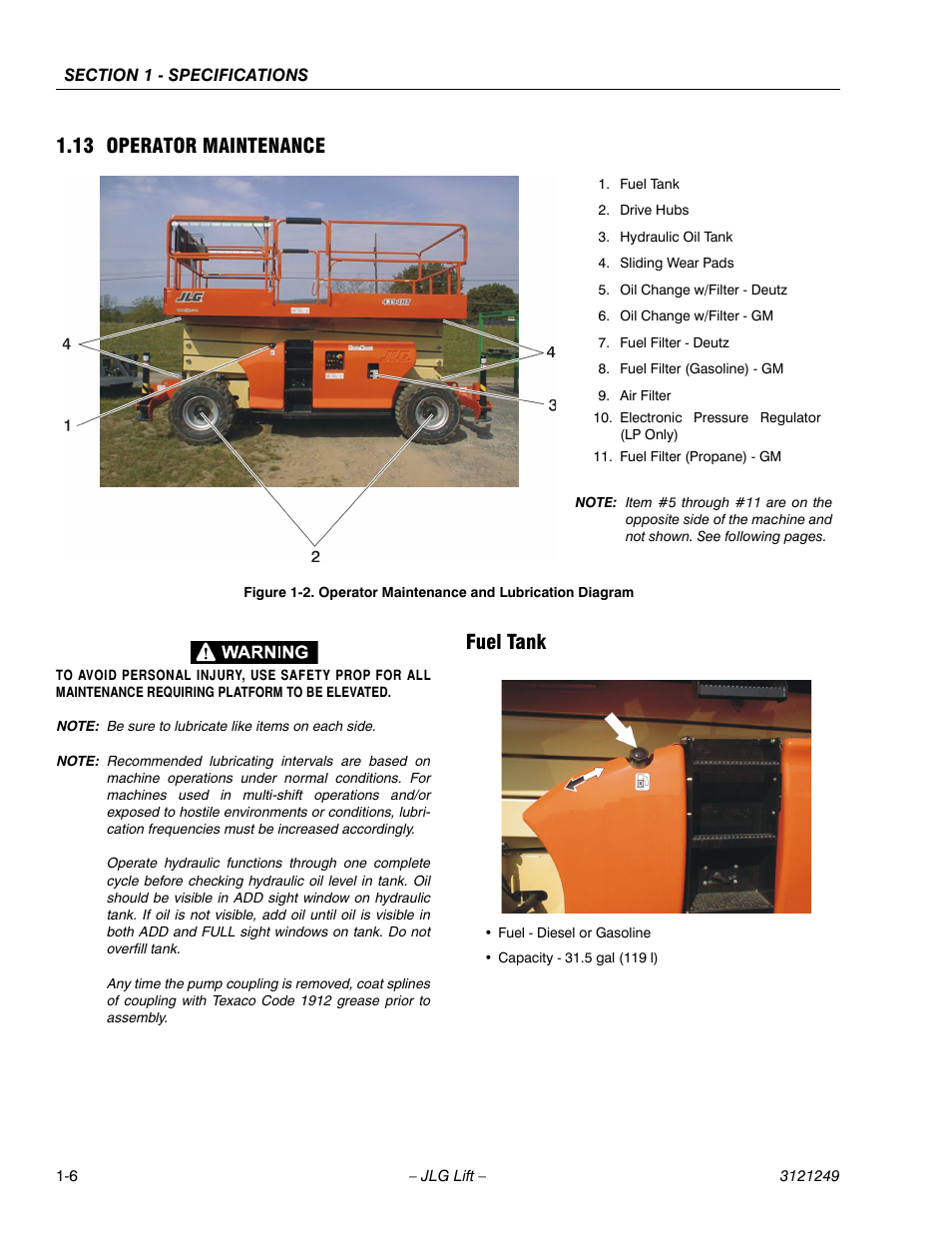 13 operator maintenance, Fuel tank, Operator maintenance -5 | Operator maintenance and lubrication diagram -5 | JLG 4394RT Service Manual User Manual | Page 16 / 268