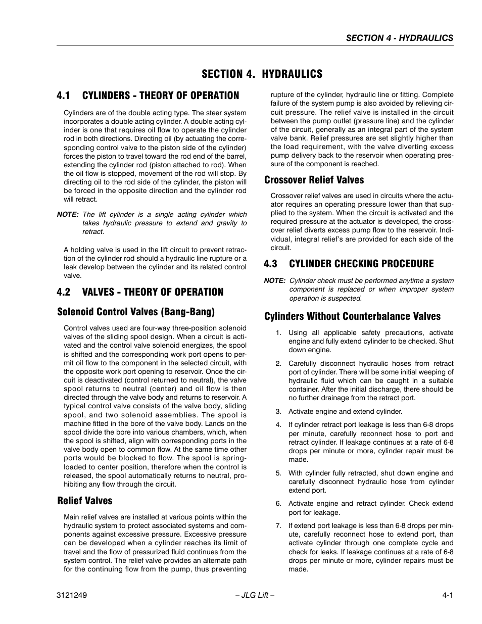 Section 4. hydraulics, 1 cylinders - theory of operation, 2 valves - theory of operation | Solenoid control valves (bang-bang), Relief valves, Crossover relief valves, 3 cylinder checking procedure, Cylinders without counterbalance valves, Section 4 - hydraulics, Cylinders - theory of operation -1 | JLG 4394RT Service Manual User Manual | Page 167 / 268