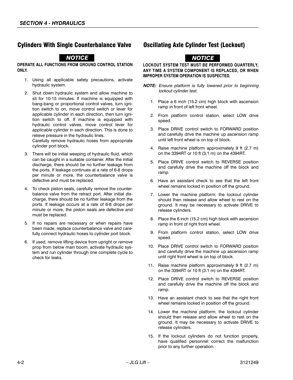 Cylinders with single counterbalance valve, Oscillating axle cylinder test (lockout) | JLG 4394RT Service Manual User Manual | Page 168 / 268