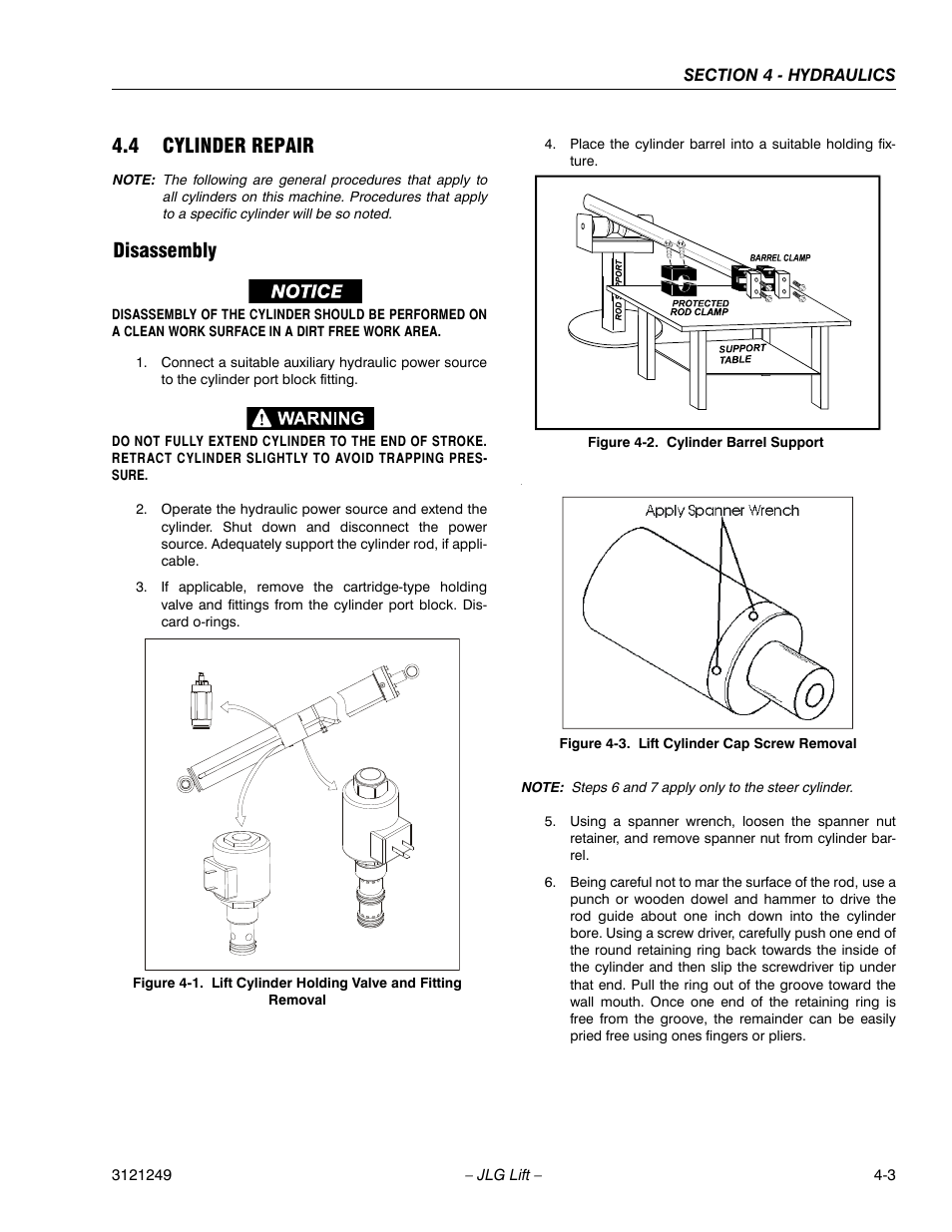 4 cylinder repair, Disassembly, Cylinder repair -3 | Lift cylinder holding valve and fitting removal -3, Cylinder barrel support -3, Lift cylinder cap screw removal -3 | JLG 4394RT Service Manual User Manual | Page 169 / 268