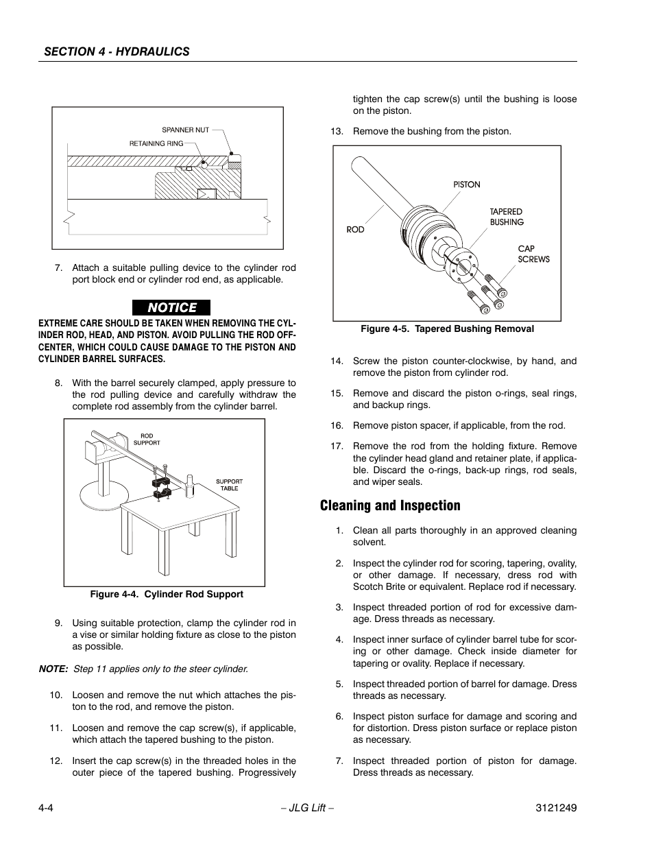 Cleaning and inspection, Cylinder rod support -4, Tapered bushing removal -4 | JLG 4394RT Service Manual User Manual | Page 170 / 268