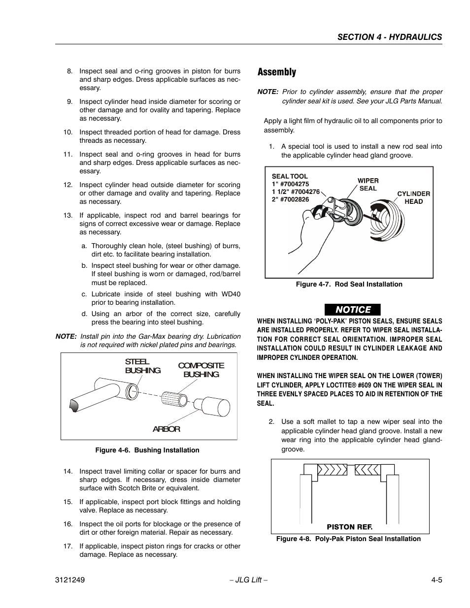 Assembly, Bushing installation -5, Rod seal installation -5 | Poly-pak piston seal installation -5 | JLG 4394RT Service Manual User Manual | Page 171 / 268