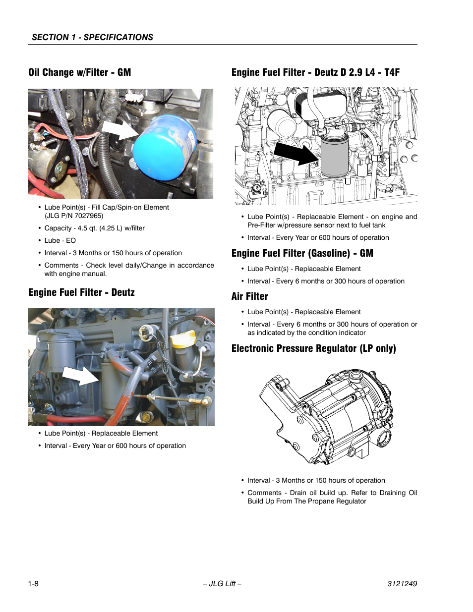 Oil change w/filter - gm, Engine fuel filter - deutz, Engine fuel filter - deutz d 2.9 l4 - t4f | Engine fuel filter (gasoline) - gm, Air filter, Electronic pressure regulator (lp only) | JLG 4394RT Service Manual User Manual | Page 18 / 268