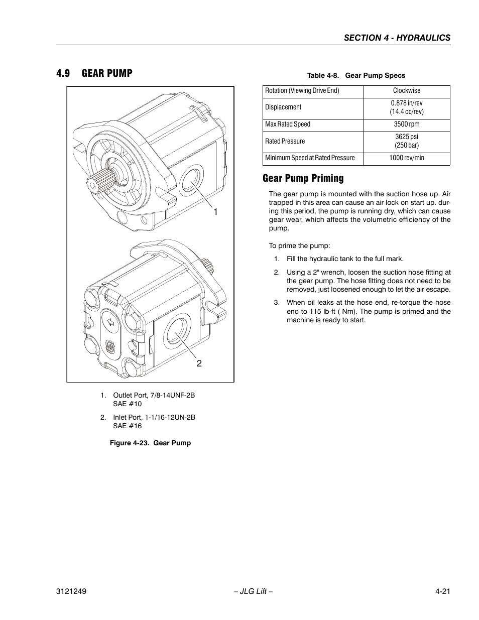 9 gear pump, Gear pump priming, Gear pump -21 | Gear pump specs -21, 9 gear pump gear pump priming | JLG 4394RT Service Manual User Manual | Page 187 / 268