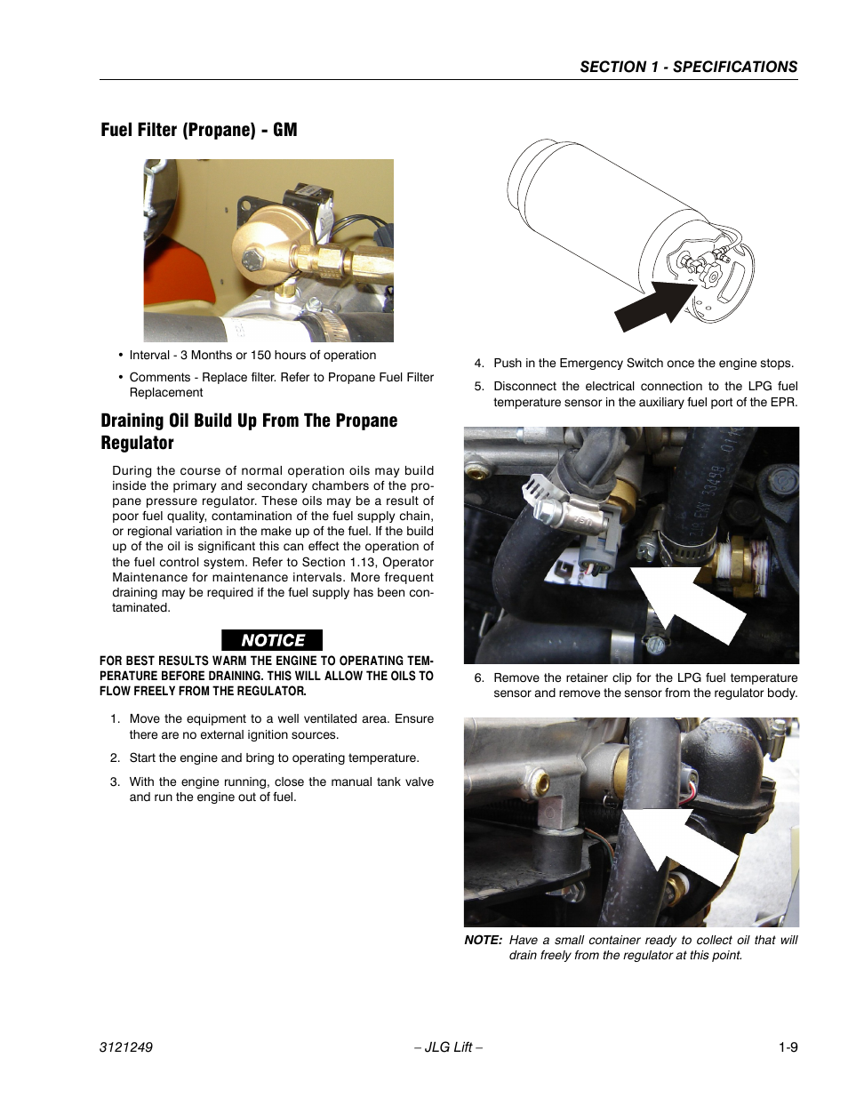 Fuel filter (propane) - gm, Draining oil build up from the propane regulator | JLG 4394RT Service Manual User Manual | Page 19 / 268