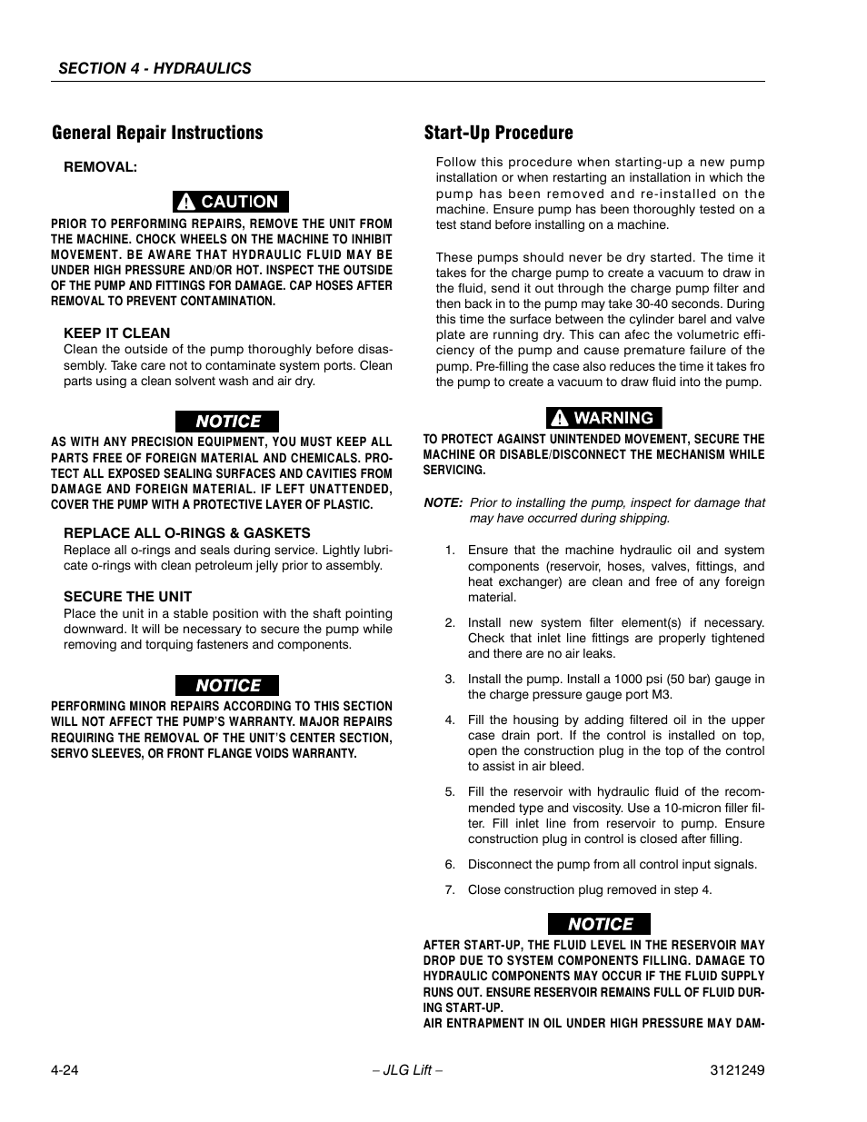 General repair instructions, Start-up procedure | JLG 4394RT Service Manual User Manual | Page 190 / 268