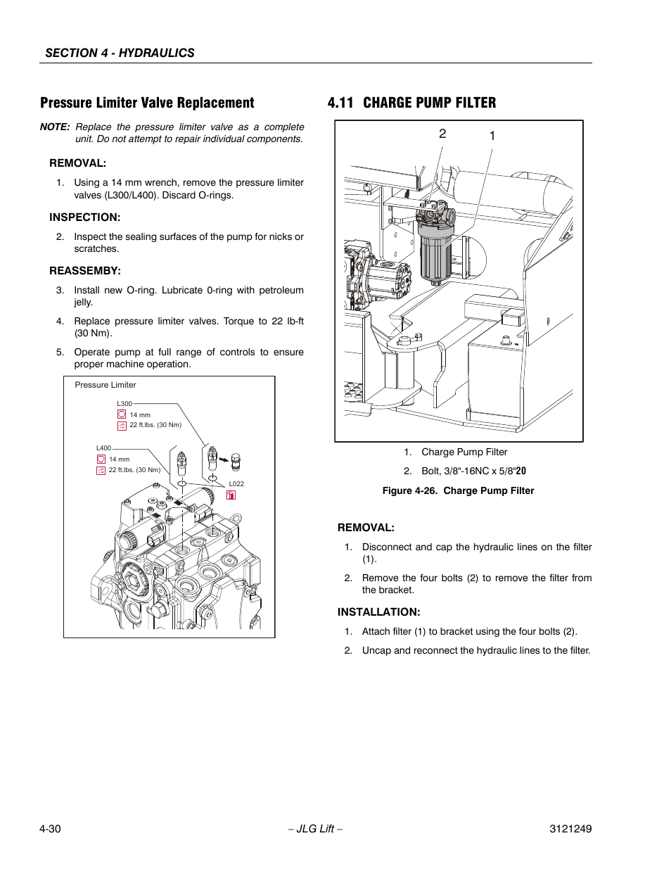 Pressure limiter valve replacement, 11 charge pump filter, Charge pump filter -31 | JLG 4394RT Service Manual User Manual | Page 196 / 268