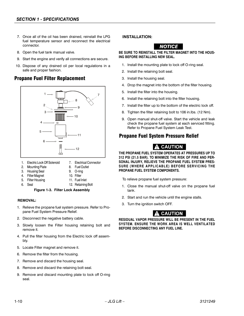 Propane fuel filter replacement, Propane fuel system pressure relief, Filter lock assembly -9 | JLG 4394RT Service Manual User Manual | Page 20 / 268