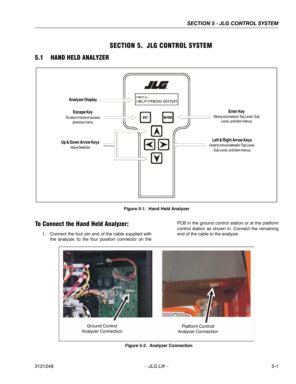 Section 5. jlg control system, 1 hand held analyzer, To connect the hand held analyzer | Section 5 - jlg control system, Hand held analyzer -1, Analyzer connection -1 | JLG 4394RT Service Manual User Manual | Page 207 / 268