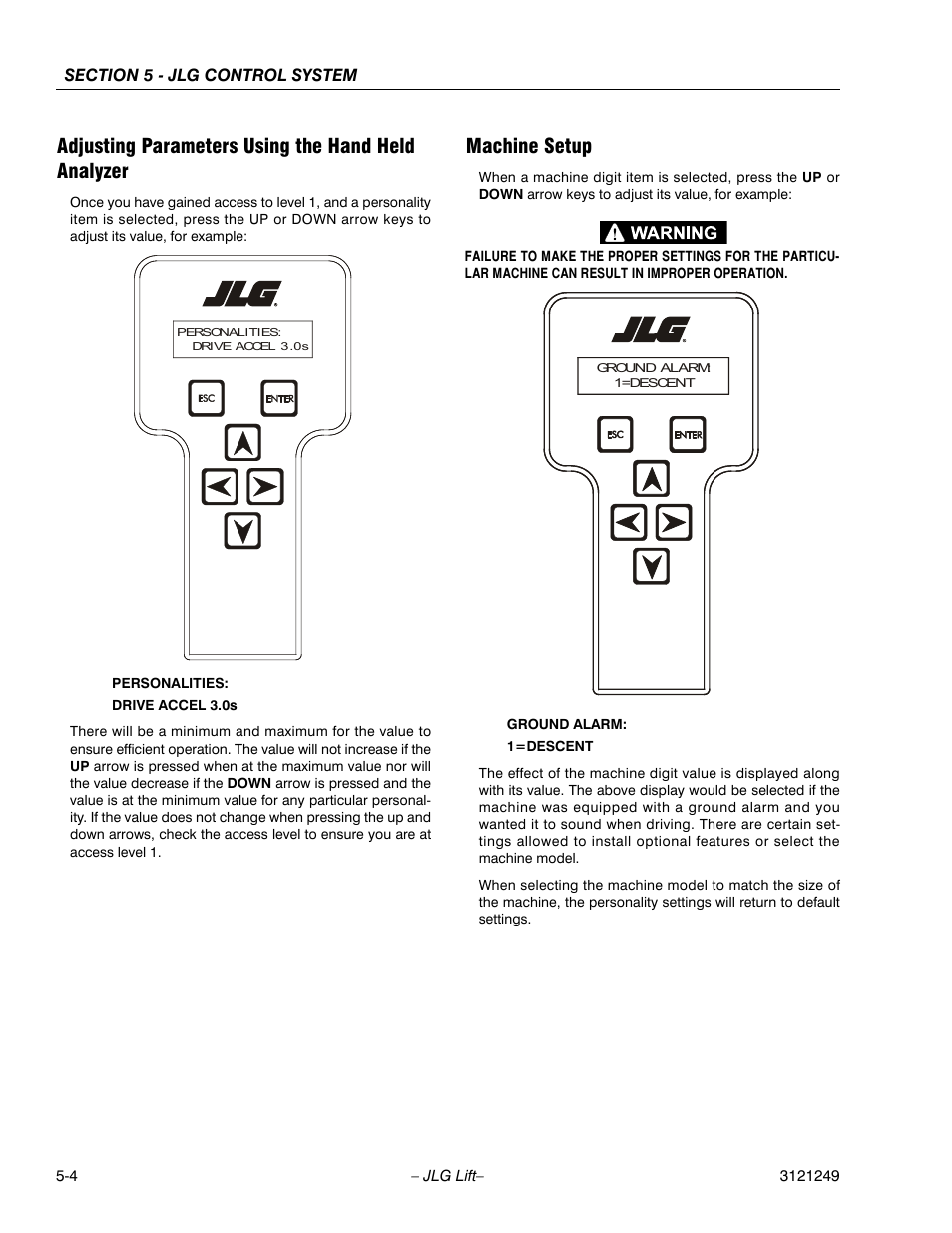 Adjusting parameters using the hand held analyzer, Machine setup | JLG 4394RT Service Manual User Manual | Page 210 / 268