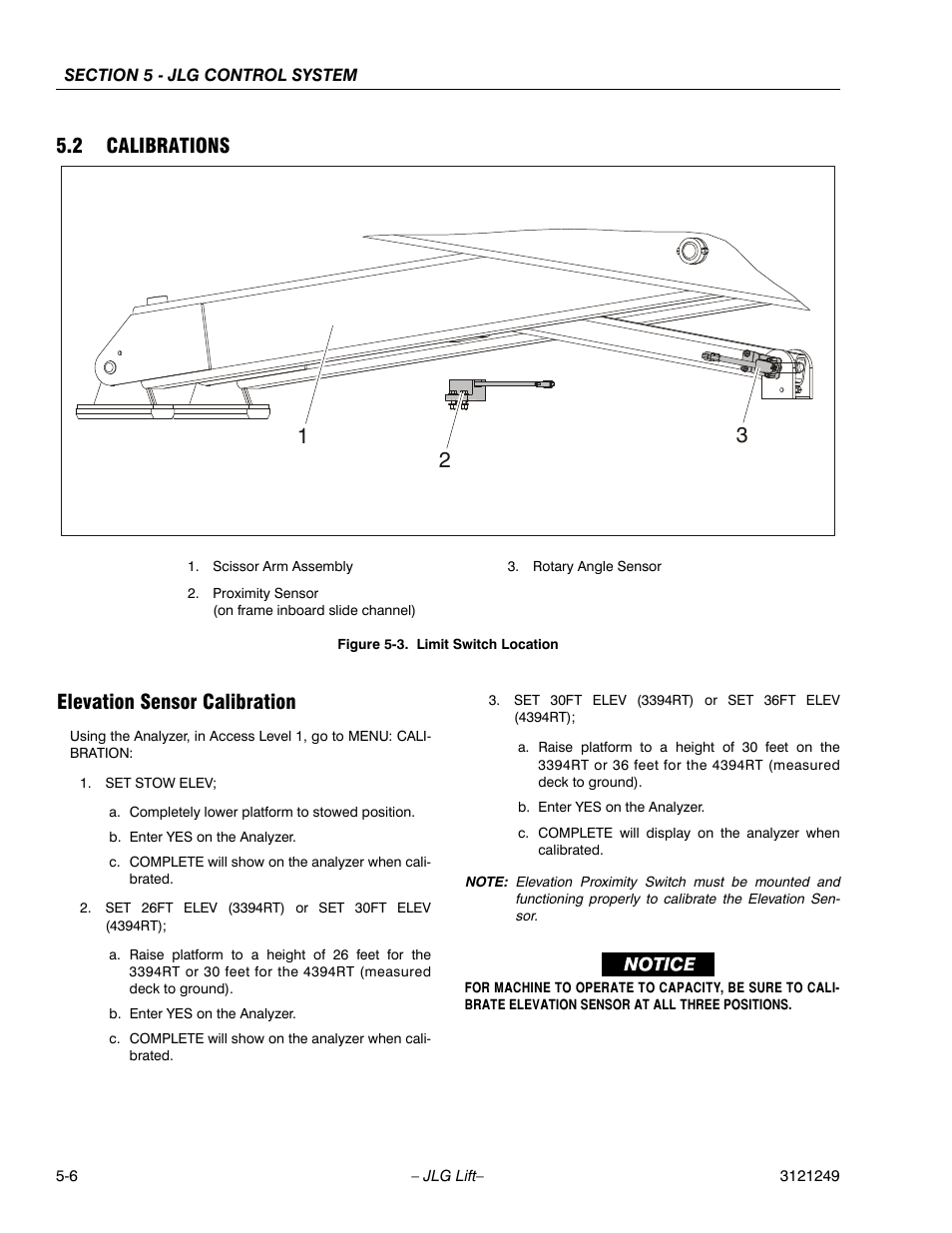 2 calibrations, Elevation sensor calibration, Calibrations -6 | Limit switch location -6, 2 calibrations elevation sensor calibration | JLG 4394RT Service Manual User Manual | Page 212 / 268