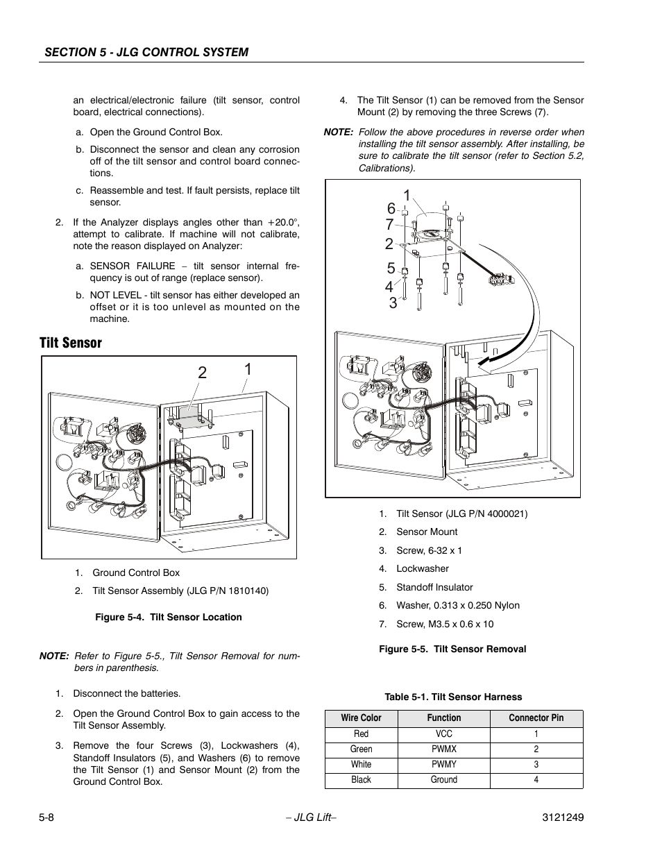 Tilt sensor, Tilt sensor location -8, Tilt sensor removal -8 | Tilt sensor harness -8 | JLG 4394RT Service Manual User Manual | Page 214 / 268