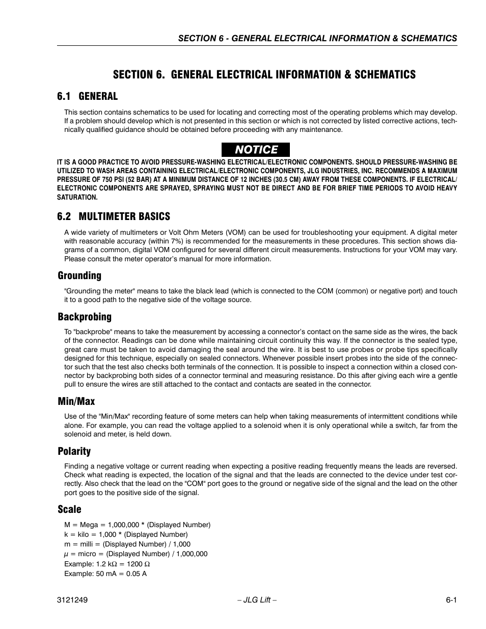 1 general, 2 multimeter basics, Grounding | Backprobing, Min/max, Polarity, Scale, General -1, Multimeter basics -1 | JLG 4394RT Service Manual User Manual | Page 233 / 268
