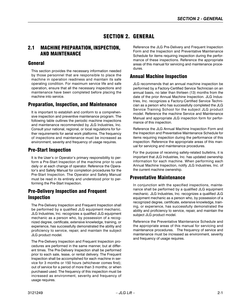 Section 2. general, 1 machine preparation, inspection, and maintenance, General | Preparation, inspection, and maintenance, Pre-start inspection, Pre-delivery inspection and frequent inspection, Annual machine inspection, Preventative maintenance, Section 2 - general | JLG 4394RT Service Manual User Manual | Page 27 / 268