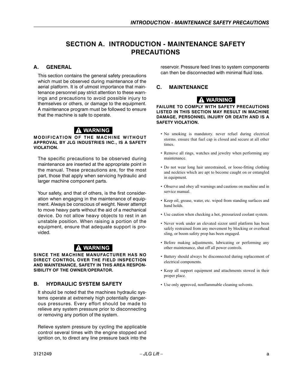 A. general, B. hydraulic system safety, C. maintenance | JLG 4394RT Service Manual User Manual | Page 3 / 268