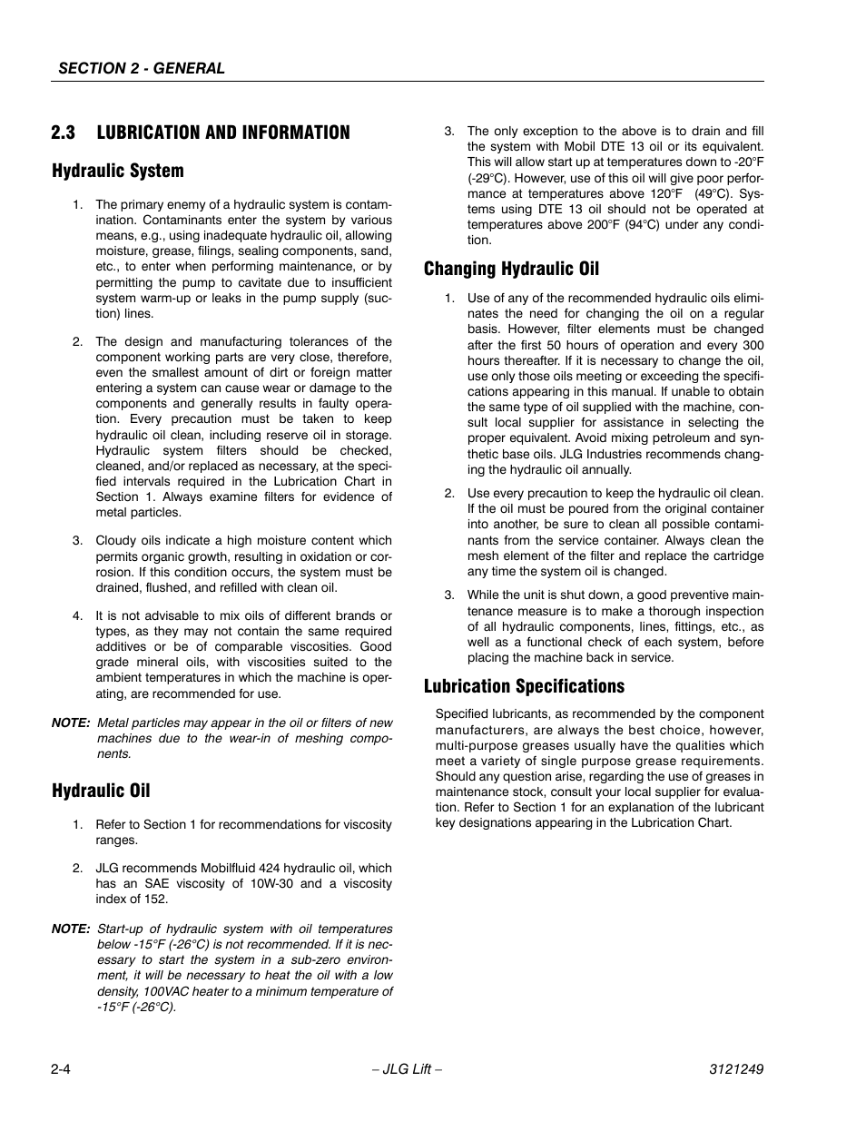 3 lubrication and information, Hydraulic system, Hydraulic oil | Changing hydraulic oil, Lubrication specifications, Lubrication and information -4, 3 lubrication and information hydraulic system | JLG 4394RT Service Manual User Manual | Page 30 / 268