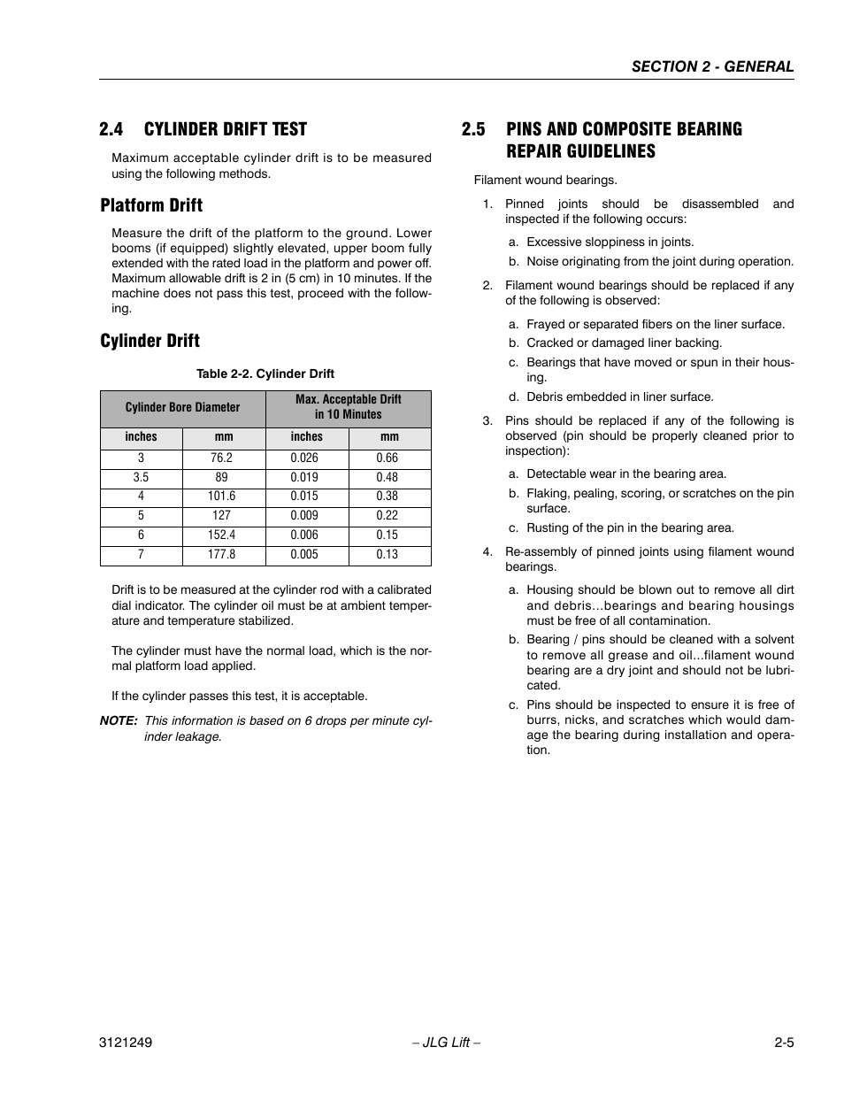 4 cylinder drift test, Platform drift, Cylinder drift | 5 pins and composite bearing repair guidelines, Cylinder drift test -5, Pins and composite bearing repair guidelines -5, Cylinder drift -5 | JLG 4394RT Service Manual User Manual | Page 31 / 268