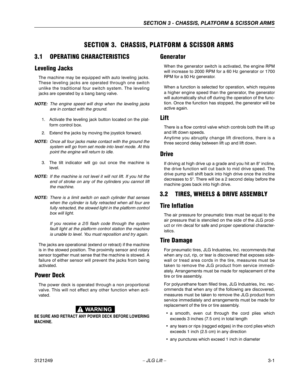 Section 3. chassis, platform & scissor arms, 1 operating characteristics, Leveling jacks | Power deck, Generator, Lift, Drive, 2 tires, wheels & drive assembly, Tire inflation, Tire damage | JLG 4394RT Service Manual User Manual | Page 37 / 268