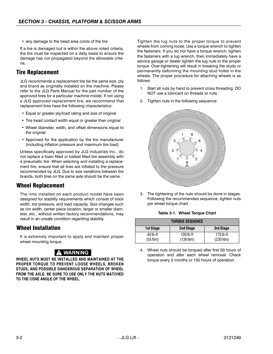 Tire replacement, Wheel replacement, Wheel installation | Wheel torque chart -2 | JLG 4394RT Service Manual User Manual | Page 38 / 268