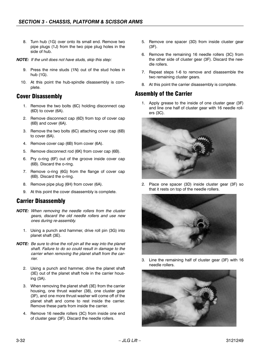 Cover disassembly, Carrier disassembly, Assembly of the carrier | JLG 4394RT Service Manual User Manual | Page 68 / 268