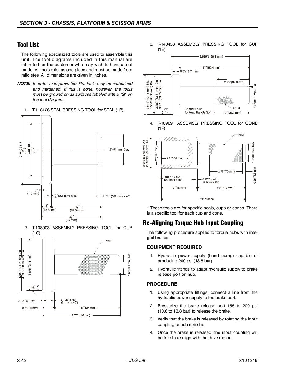 Tool list, Re-aligning torque hub input coupling | JLG 4394RT Service Manual User Manual | Page 78 / 268