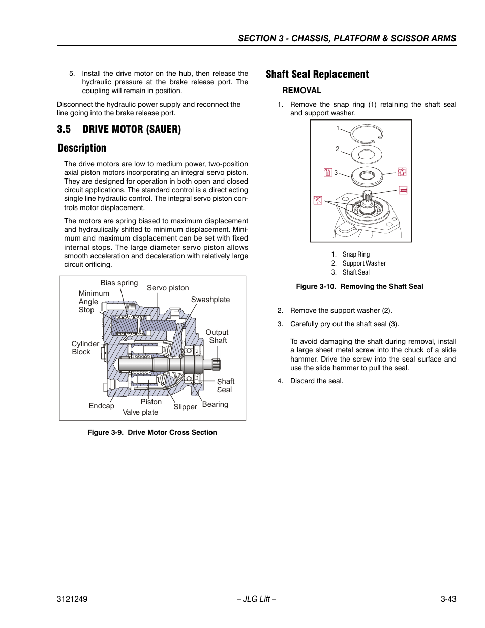 5 drive motor (sauer), Description, Shaft seal replacement | 5 drive motor (sauer) description | JLG 4394RT Service Manual User Manual | Page 79 / 268