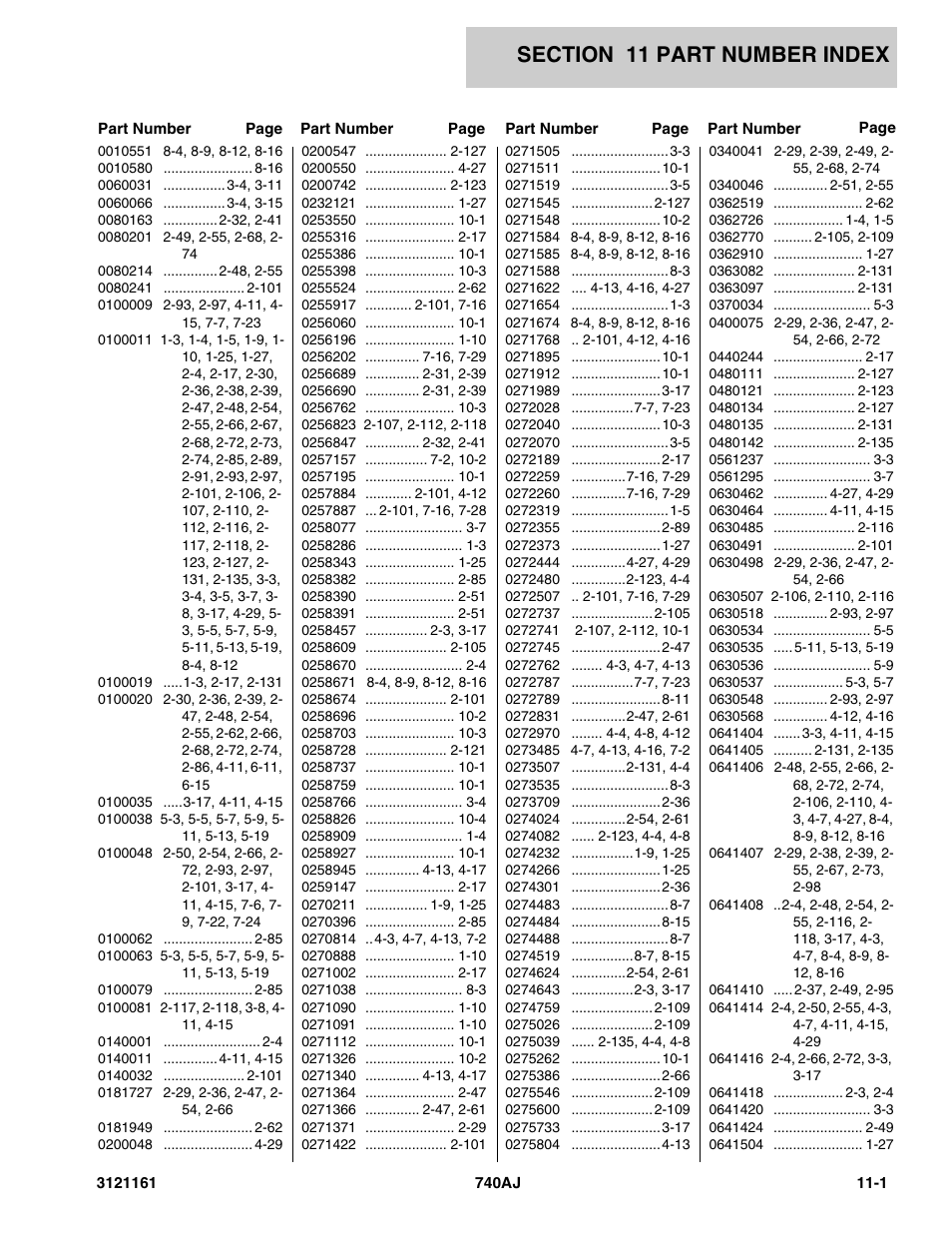 Section 11 part number index, 11 - part number index -1 | JLG 740AJ Parts Manual User Manual | Page 311 / 326