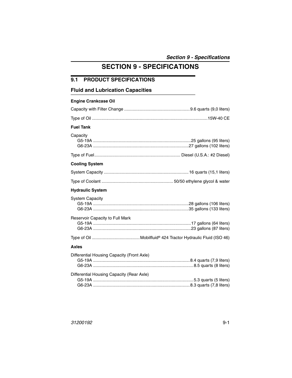 Section 9 - specifications, 1 product specifications, Fluid and lubrication capacities | 1 product specifications -1, Fluid and lubrication capacities -1 | JLG G6-23A Operator Manual User Manual | Page 115 / 126