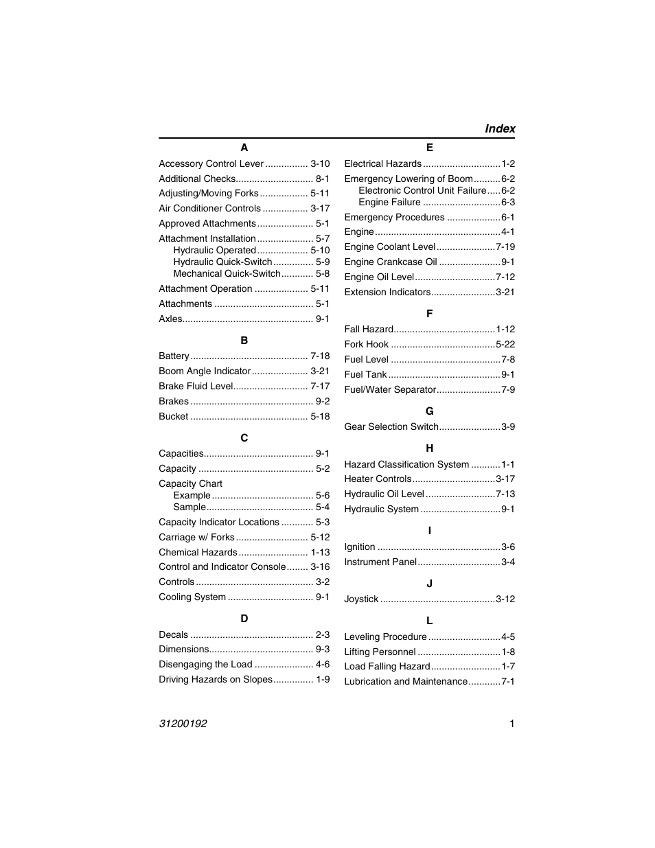 Index | JLG G6-23A Operator Manual User Manual | Page 119 / 126