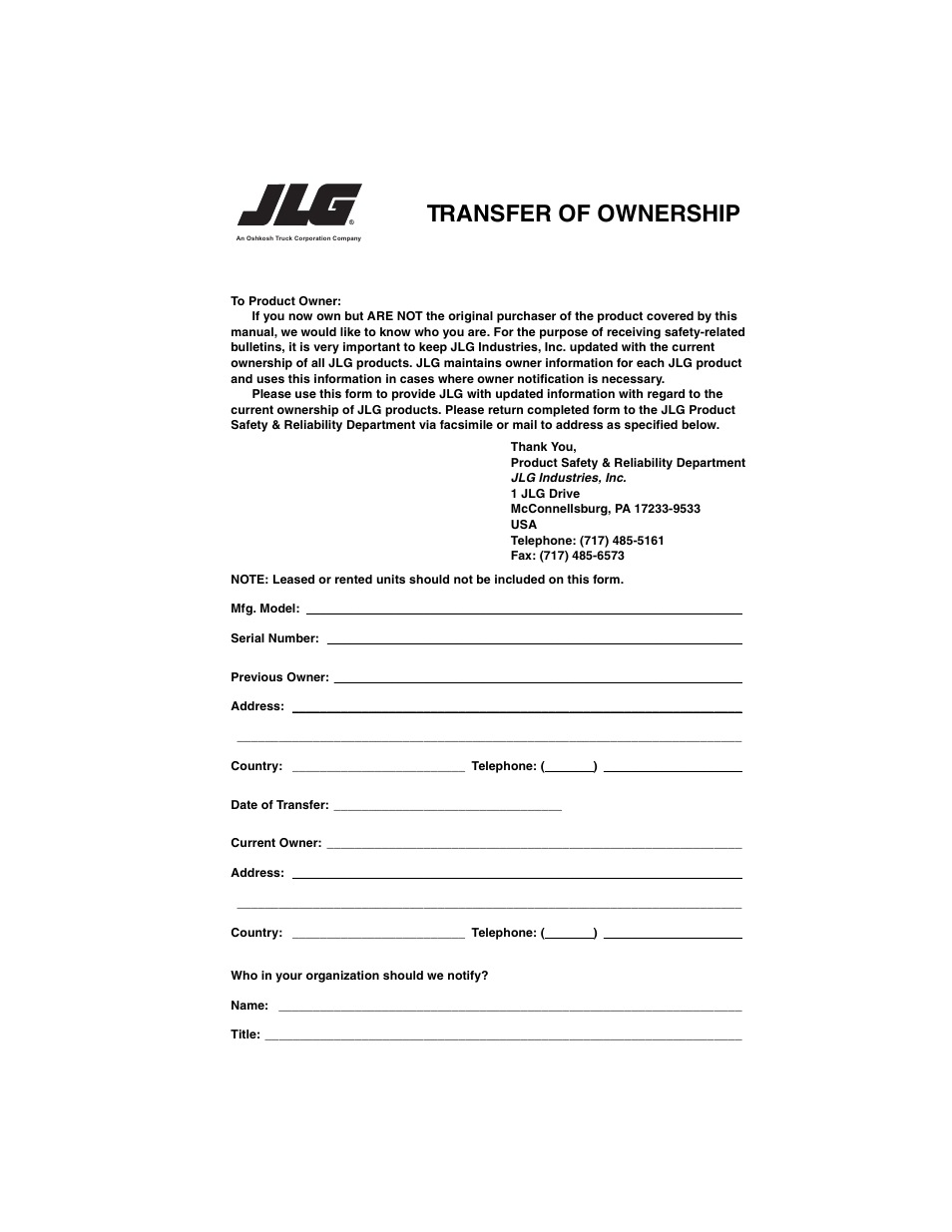 Transfer of ownership | JLG G6-23A Operator Manual User Manual | Page 123 / 126