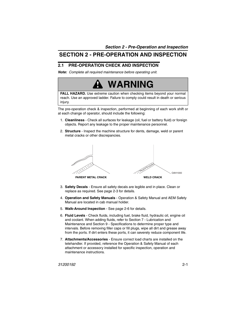 Section 2 - pre-operation and inspection, 1 pre-operation check and inspection, 1 pre-operation check and inspection -1 | Warning | JLG G6-23A Operator Manual User Manual | Page 25 / 126