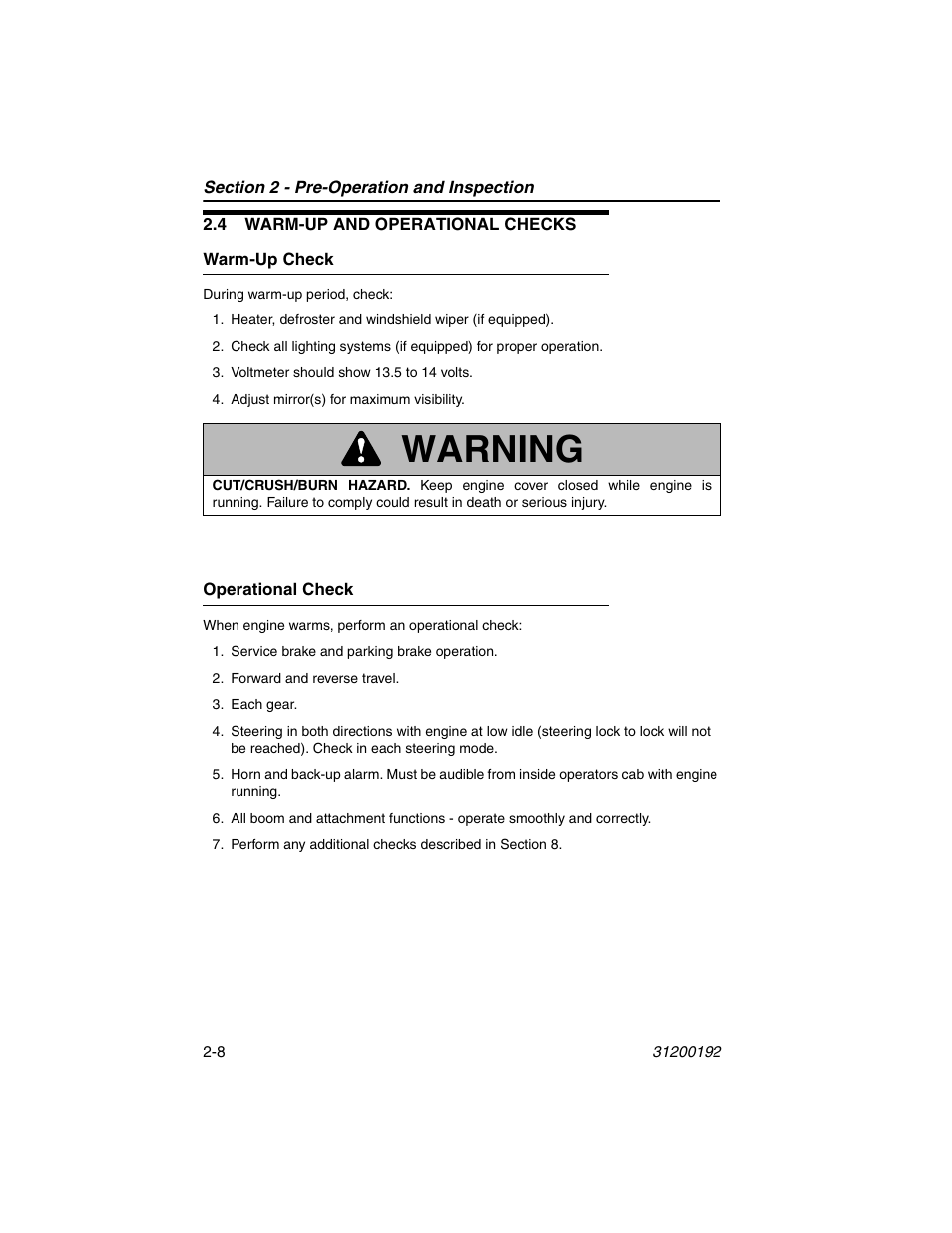 4 warm-up and operational checks, Warm-up check, Operational check | 4 warm-up and operational checks -8, Warm-up check -8 operational check -8, Warning | JLG G6-23A Operator Manual User Manual | Page 32 / 126