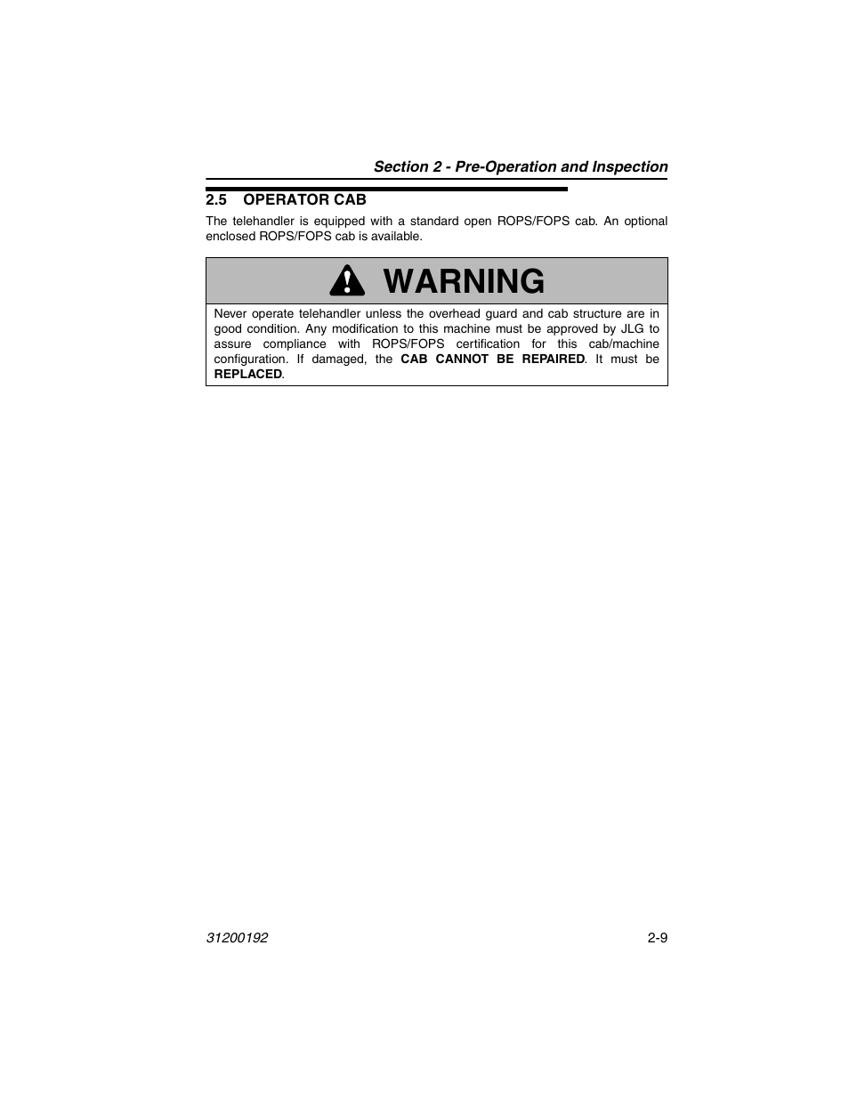 5 operator cab, 5 operator cab -9, Warning | JLG G6-23A Operator Manual User Manual | Page 33 / 126