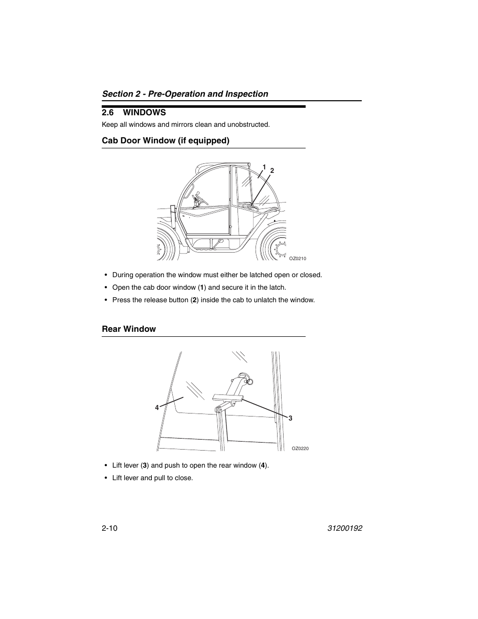 6 windows, Cab door window (if equipped), Rear window | 6 windows -10, Cab door window (if equipped) -10 rear window -10 | JLG G6-23A Operator Manual User Manual | Page 34 / 126