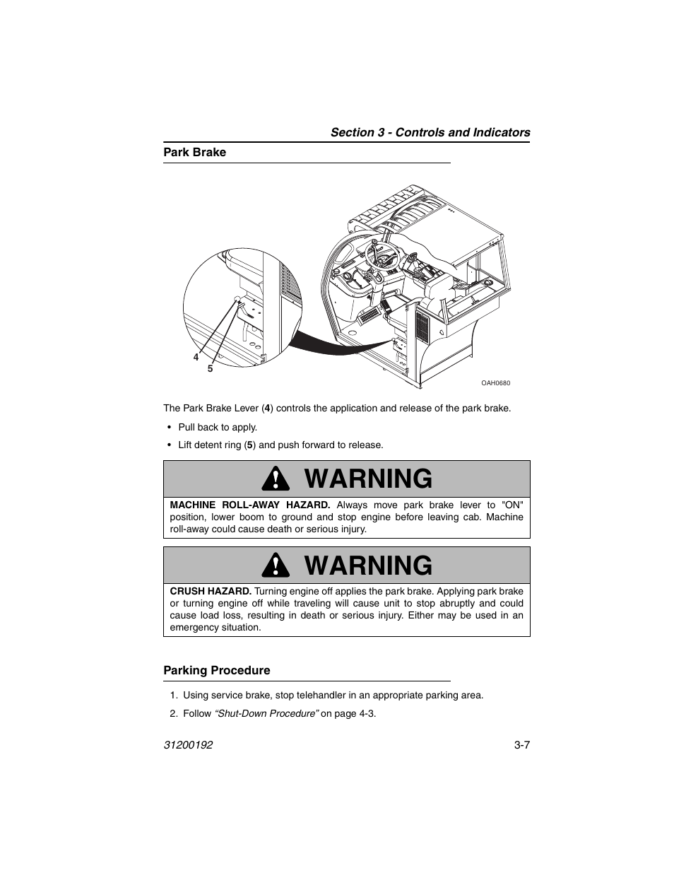 Park brake, Parking procedure, Park brake -7 parking procedure -7 | Warning | JLG G6-23A Operator Manual User Manual | Page 41 / 126