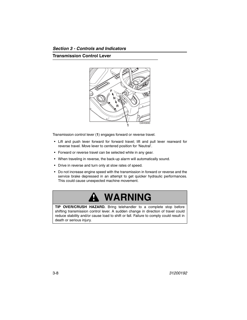 Transmission control lever, Transmission control lever -8, Warning | JLG G6-23A Operator Manual User Manual | Page 42 / 126