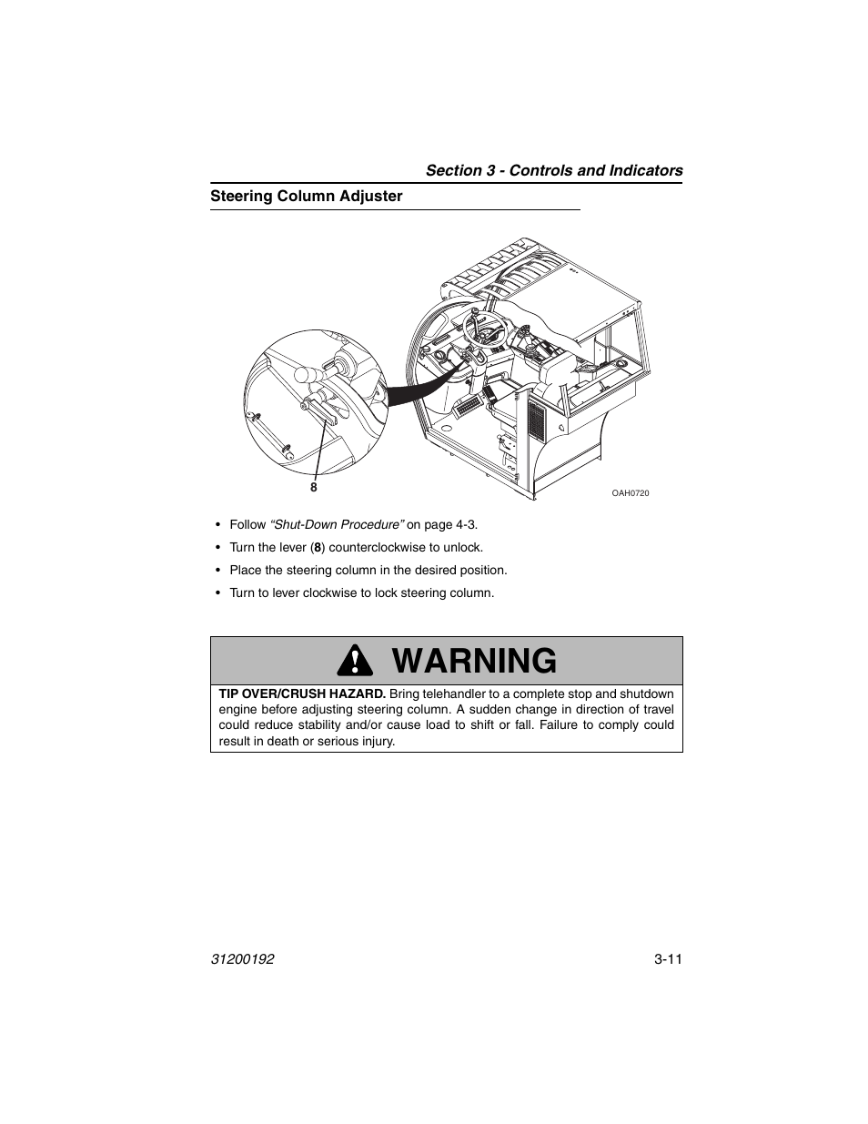 Steering column adjuster, Steering column adjuster -11, Warning | JLG G6-23A Operator Manual User Manual | Page 45 / 126