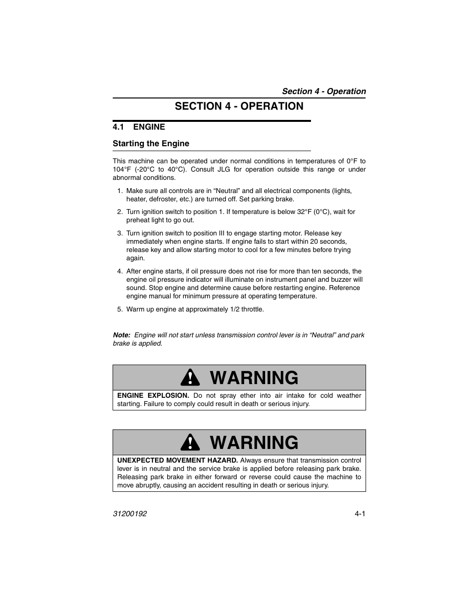 Section 4 - operation, 1 engine, Starting the engine | 1 engine -1, Starting the engine -1, Warning | JLG G6-23A Operator Manual User Manual | Page 57 / 126