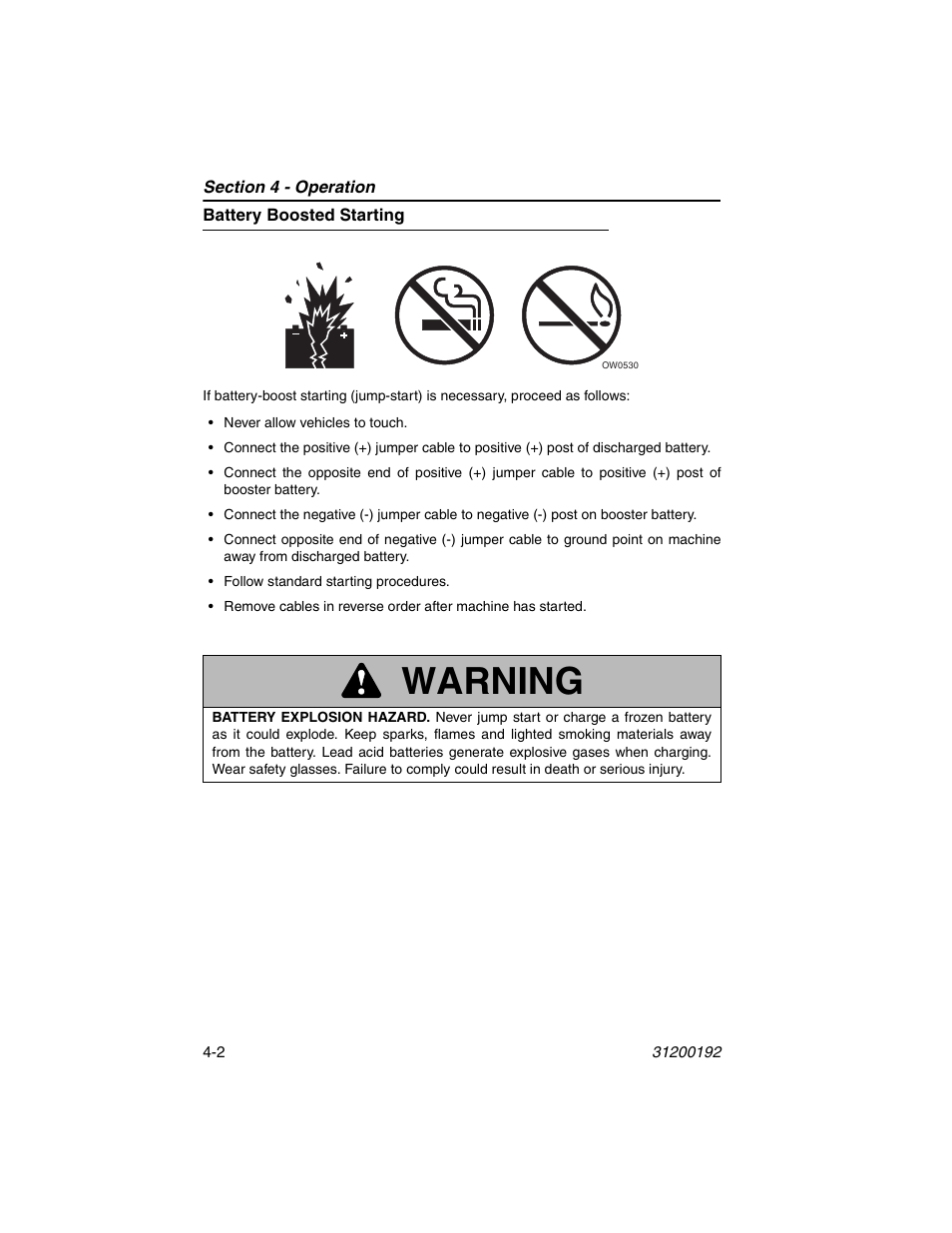 Battery boosted starting, Battery boosted starting -2, Warning | JLG G6-23A Operator Manual User Manual | Page 58 / 126