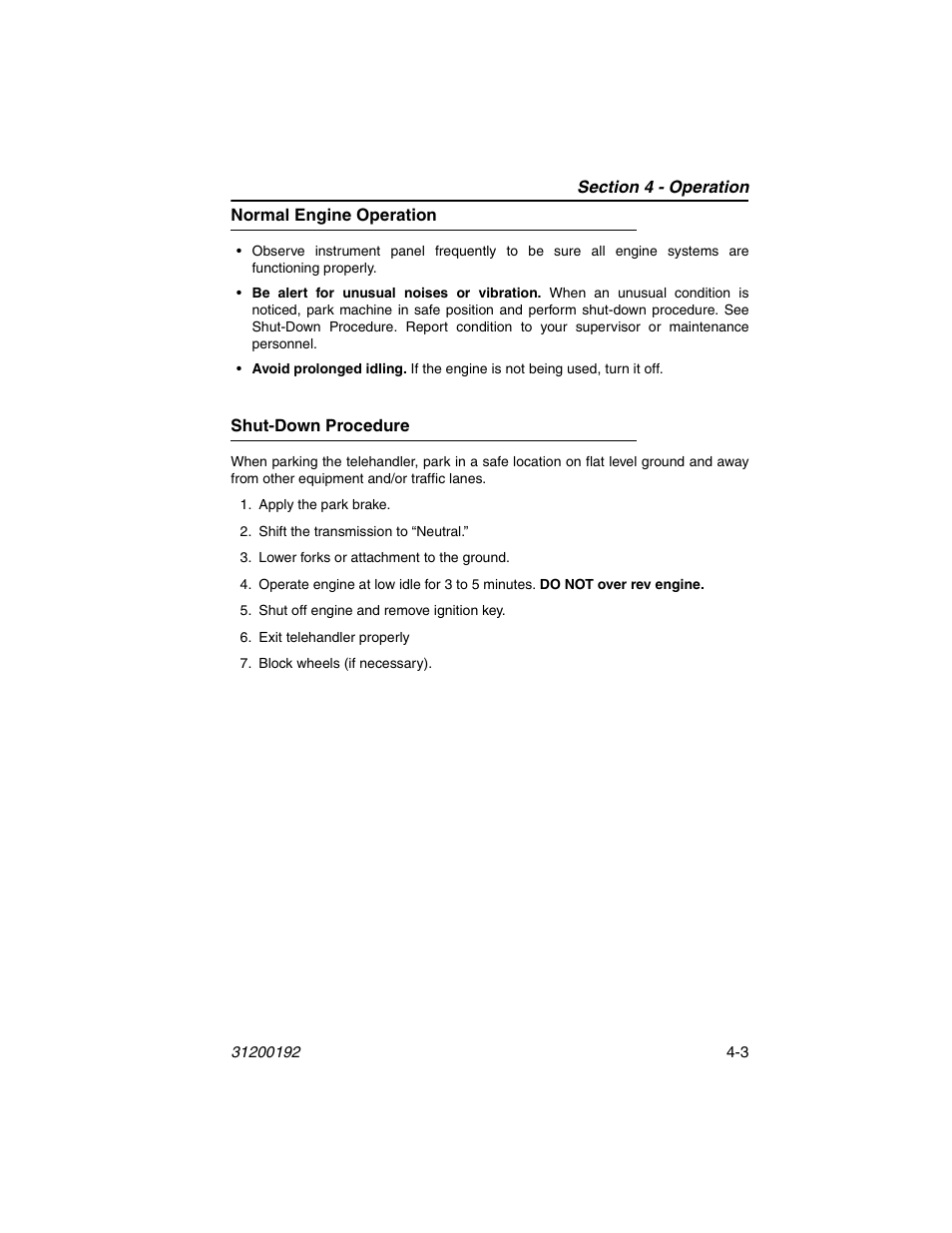 Normal engine operation, Shut-down procedure, Normal engine operation -3 shut-down procedure -3 | JLG G6-23A Operator Manual User Manual | Page 59 / 126