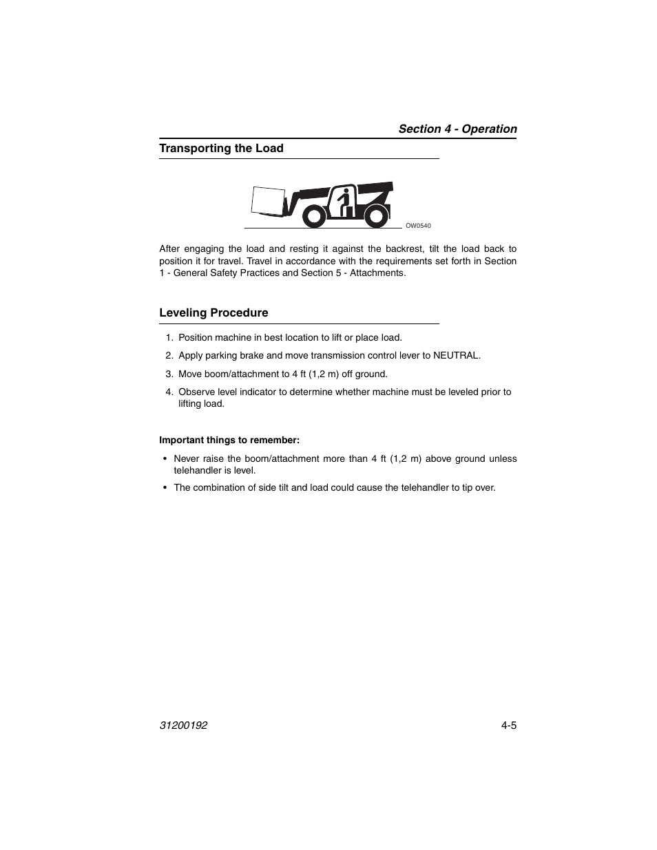 Transporting the load, Leveling procedure, Transporting the load -5 leveling procedure -5 | JLG G6-23A Operator Manual User Manual | Page 61 / 126