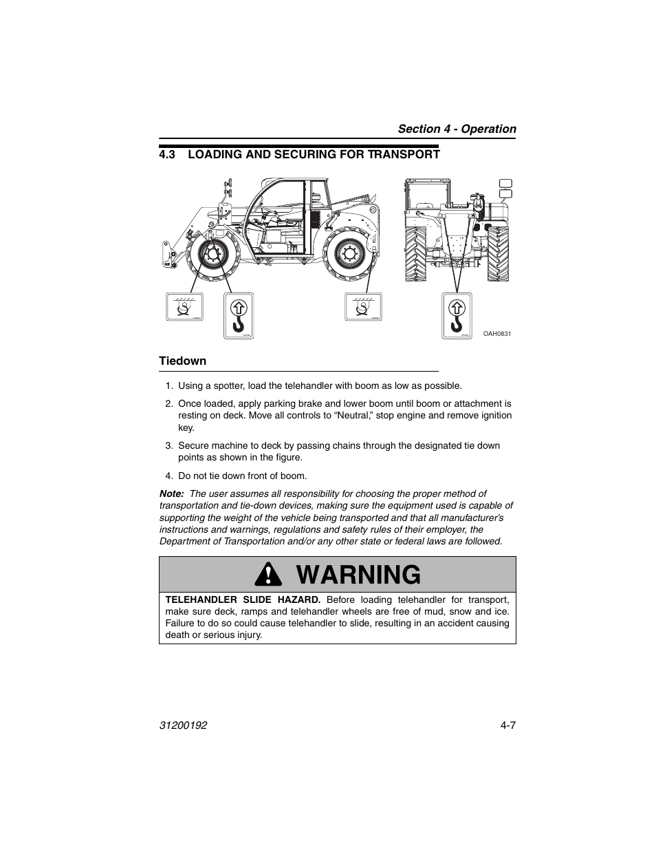 3 loading and securing for transport, Tiedown, 3 loading and securing for transport -7 | Tiedown -7, Warning, 3 loading and securing for transport tiedown | JLG G6-23A Operator Manual User Manual | Page 63 / 126