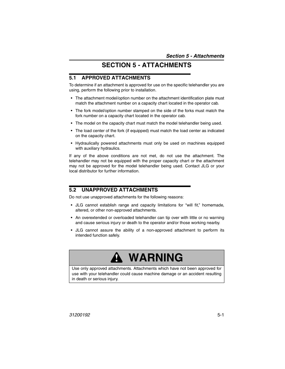 Section 5 - attachments, 1 approved attachments, 2 unapproved attachments | E section 5 - attachments, Warning | JLG G6-23A Operator Manual User Manual | Page 65 / 126