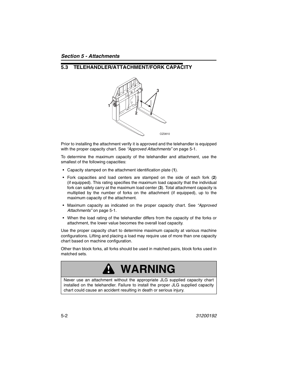 3 telehandler/attachment/fork capacity, 3 telehandler/attachment/fork capacity -2, Warning | JLG G6-23A Operator Manual User Manual | Page 66 / 126