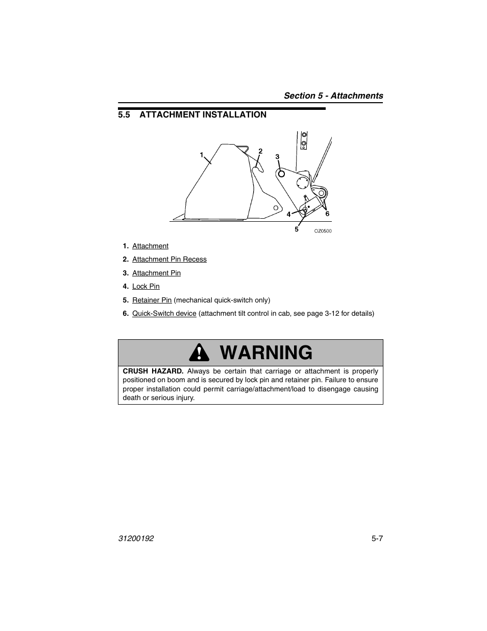 5 attachment installation, 5 attachment installation -7, Warning | JLG G6-23A Operator Manual User Manual | Page 71 / 126
