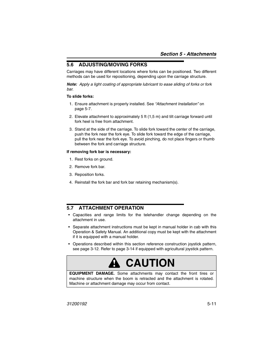 6 adjusting/moving forks, 7 attachment operation, 6 adjusting/moving forks -11 | 7 attachment operation -11, Caution | JLG G6-23A Operator Manual User Manual | Page 75 / 126