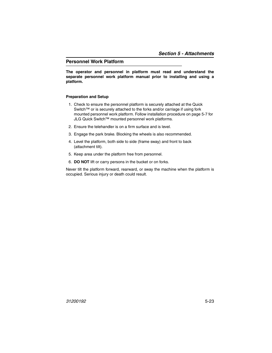 Personnel work platform, Personnel work platform -23 | JLG G6-23A Operator Manual User Manual | Page 87 / 126