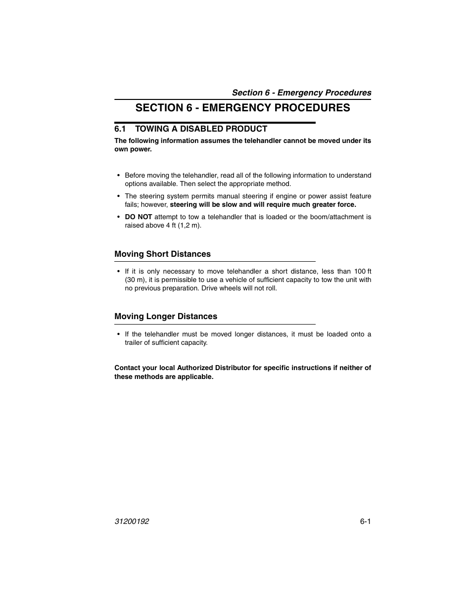 Section 6 - emergency procedures, 1 towing a disabled product, Moving short distances | Moving longer distances, 1 towing a disabled product -1 | JLG G6-23A Operator Manual User Manual | Page 89 / 126
