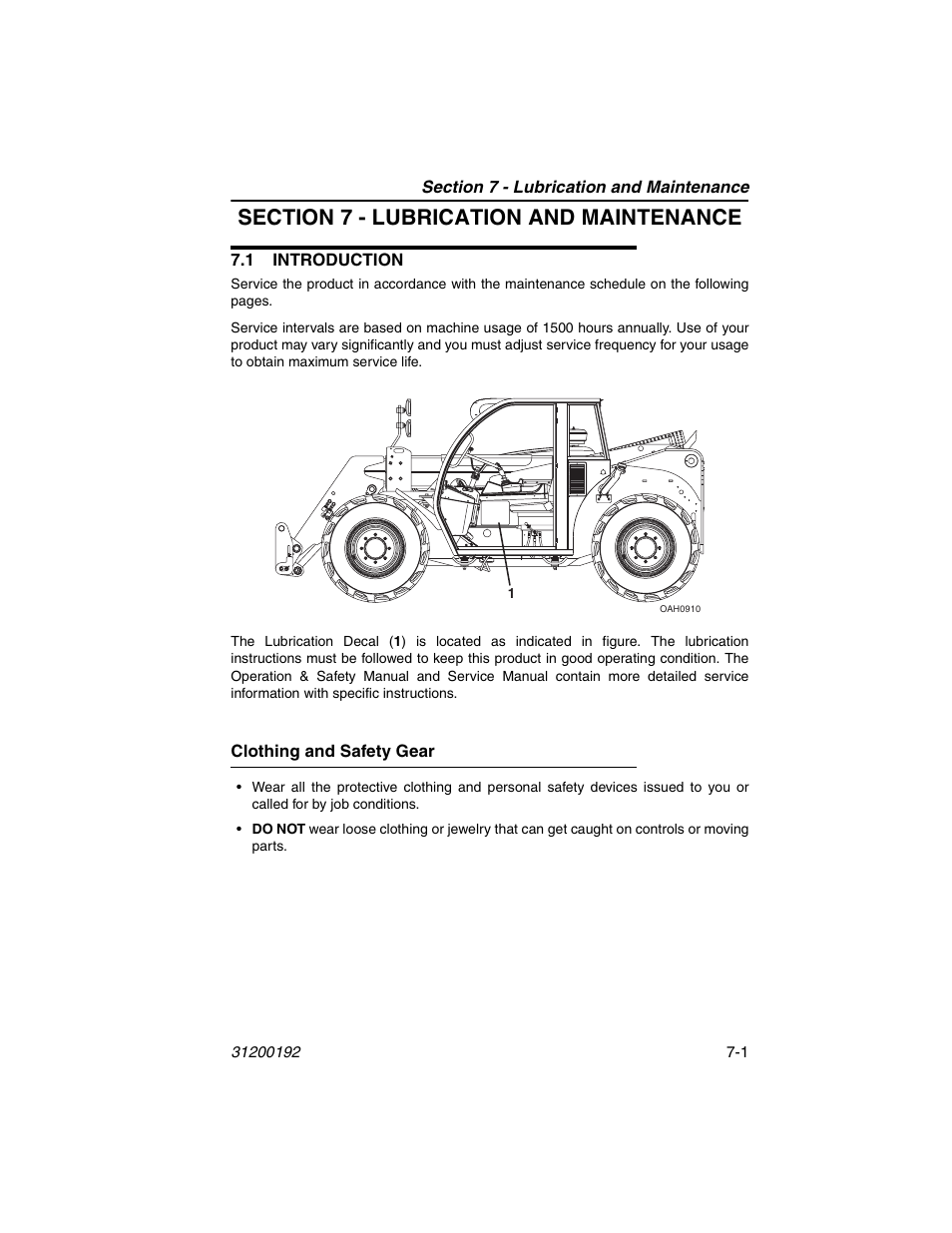Section 7 - lubrication and maintenance, 1 introduction, Clothing and safety gear | 1 introduction -1, Clothing and safety gear -1, Section 7 - lubrication and maintenance a | JLG G6-23A Operator Manual User Manual | Page 93 / 126
