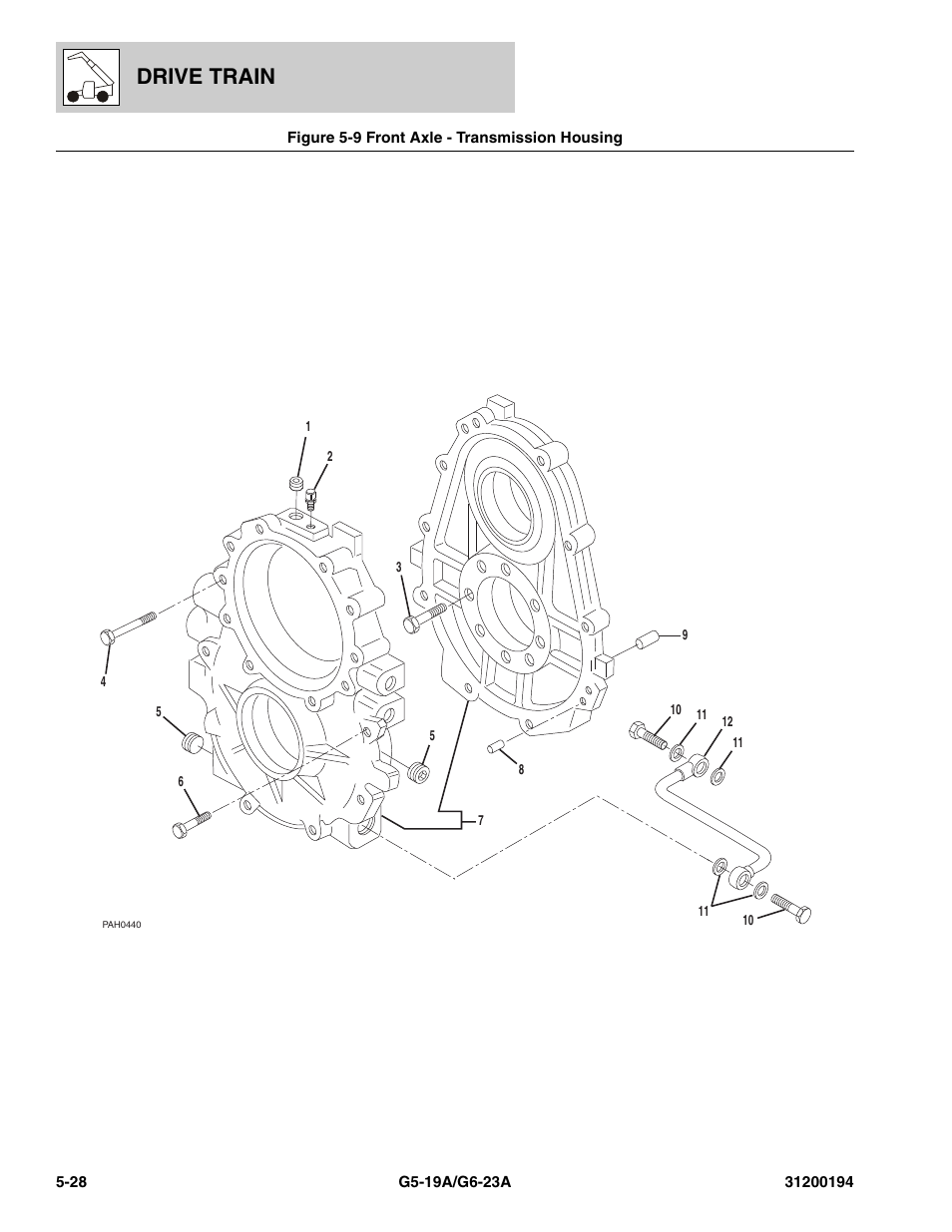 Figure 5-9 front axle - transmission housing, Front axle - transmission housing -28, Drive train | JLG G6-23A Parts Manual User Manual | Page 102 / 318
